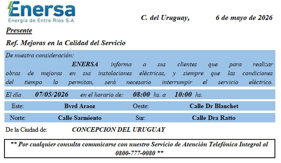 ENERSA anunció corte del servicio para este jueves