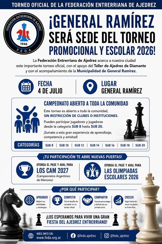 General ramírez y Concepción del Uruguay serán sedes de los grandes eventos del ajedrez entrerriano 2026