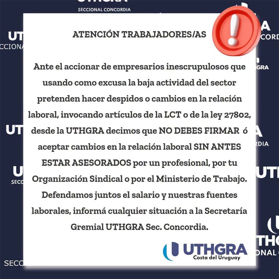 Alerta de la Trabajadores del Turismo, Hoteleros y Gastronómicos de la República Argentina