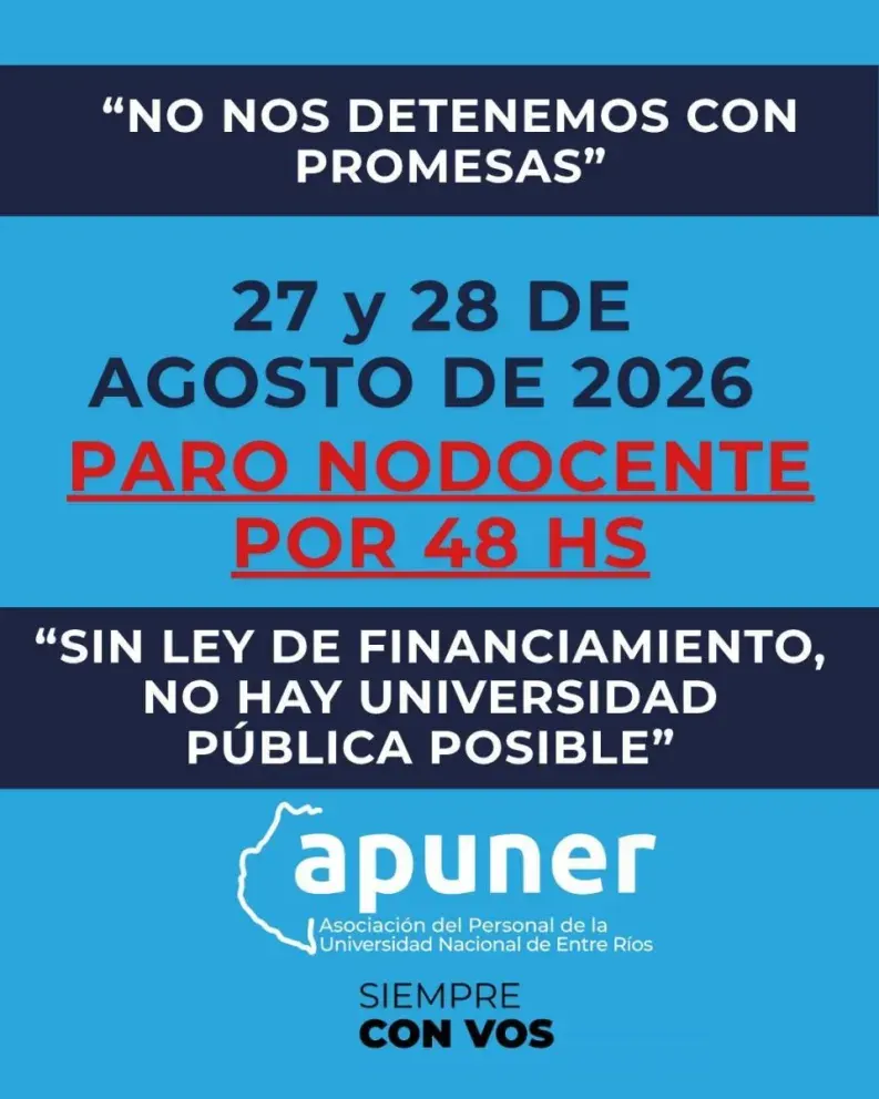 Nodocentes universitarios de Entre Ríos adherirán al paro nacional de este jueves y viernes