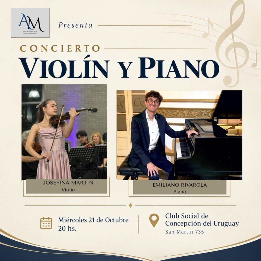 Josefina Martin y Emiliano Rivarola brindarán un concierto de violín y piano