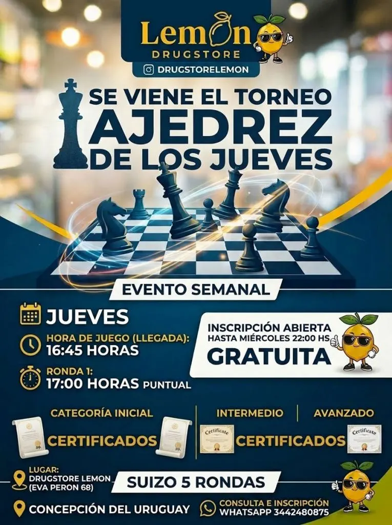 Llega el Torneo de Ajedrez de los Jueves al Club del Tablero en Concepción del Uruguay