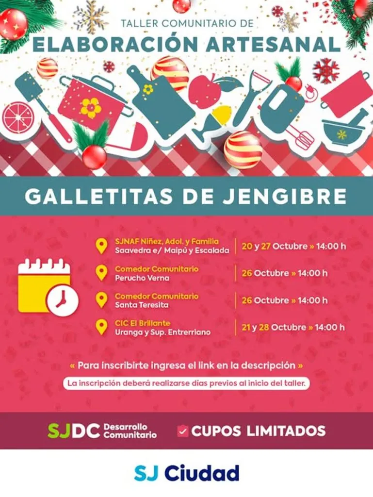 San José: Inscripciones abiertas al nuevo Taller de Elaboración Artesanal de Galletitass de Jengibre