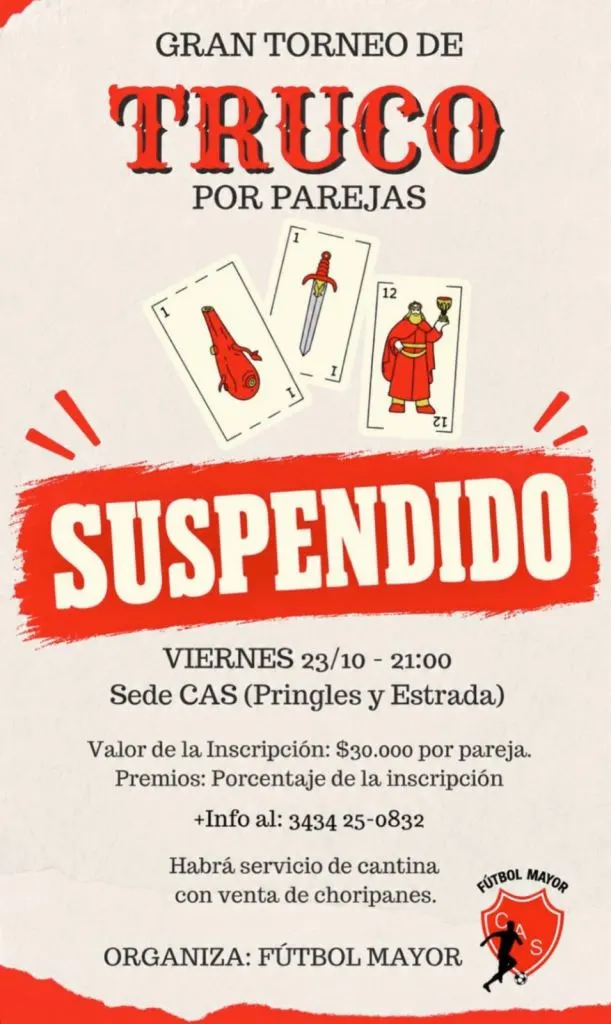 Se suspendió el Gran Torneo de Truco por Parejas en el Club Atlético Sarmiento